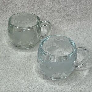 Vintage Nestle Globe 1970s Etched Glass Mugs Set of 2-Vtg-Retro-Mid Century-MCM